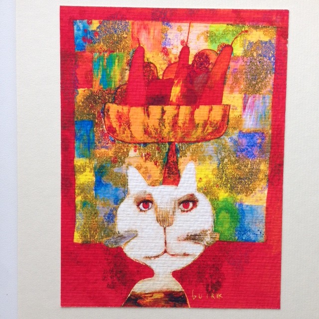 絵本の表紙の様。猫の表情がなんとも言えません。